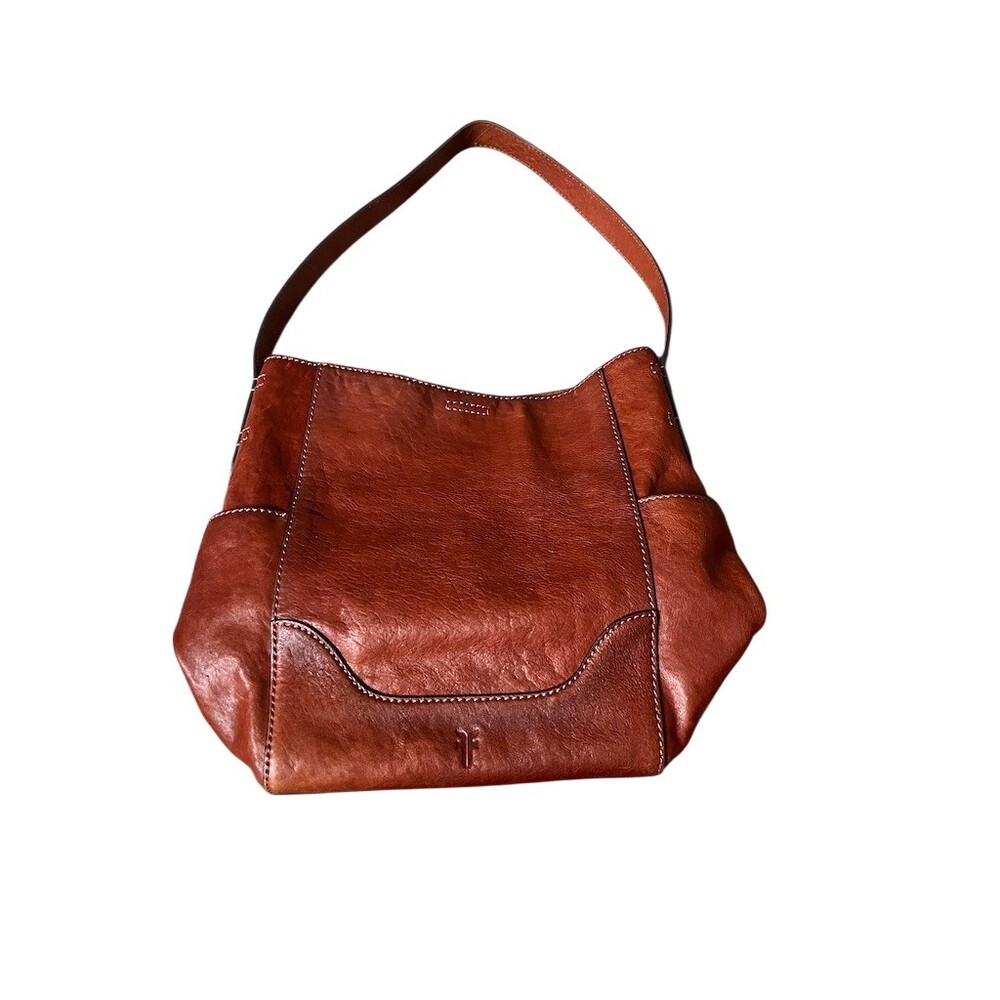 Frye Hobo Shoulder Bag Womens Brown Cognac Side Pockets Contrast Stitching